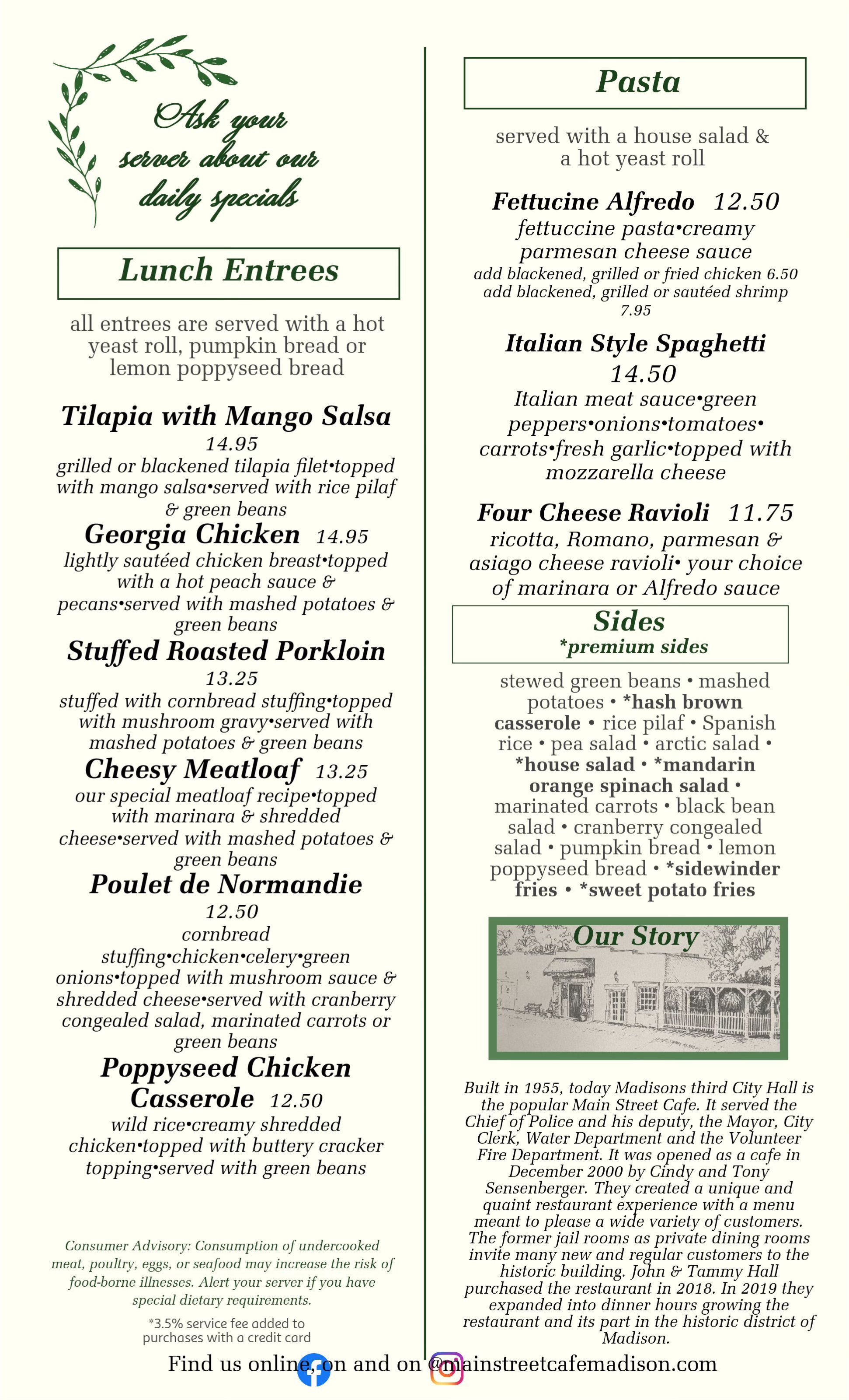 Lunch Menu for Main Street Cafe